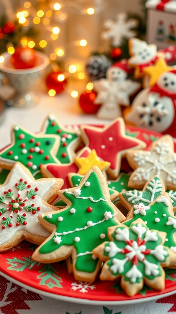 Decorated Christmas sugar cookies in festive shapes on a holiday-themed plate.